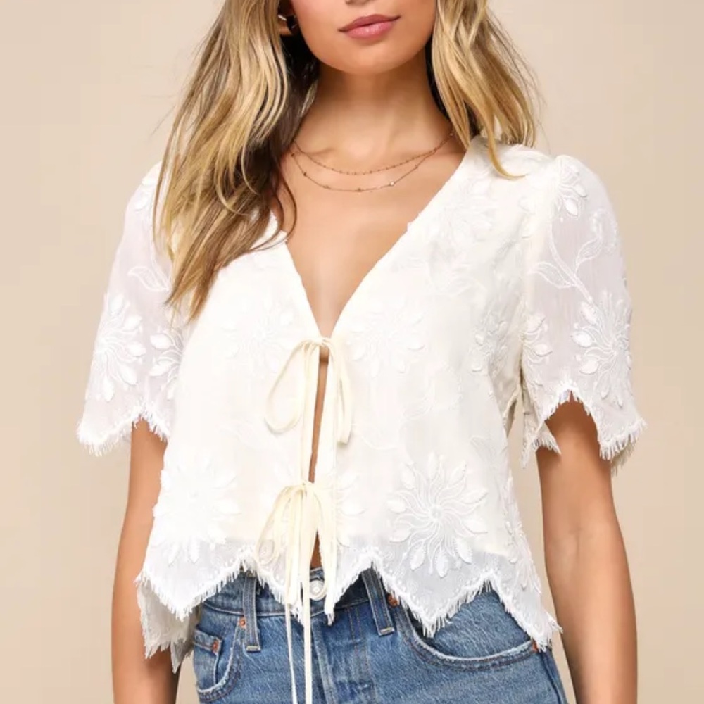Lulus White Lace Tie-Front Top